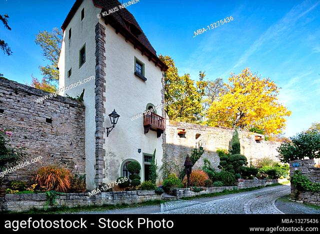 Night watch tower, city tower, city wall, house facade, autumn, historic town center, Sulzfeld am Main, Kitzingen district, Lower Franconia, Franconia, Bavaria