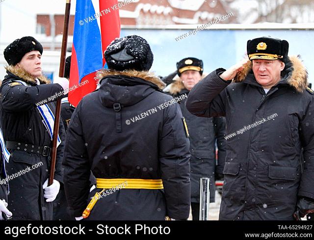 RUSSIA, ST PETERSBURG - NOVEMBER 28, 2023: Russian Navy Commander-in-Chief Nikolai Yevmenov (R) is seen during the delivery of the Mozhaisk submarine to the...
