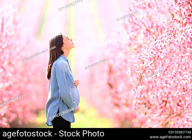 Profile of a relaxed pregnant woman breathing fresh air in a pink flowered field