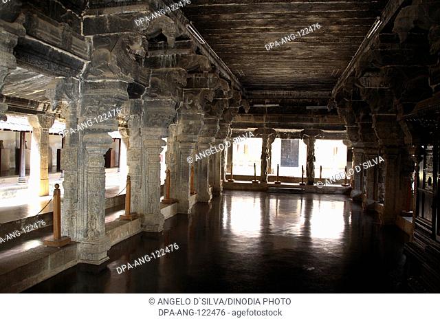 Nataksala hall of performance solid granite pillars and gleaming black floor Padmanabhapuram Wooden Palace ; Tamil Nadu ; India