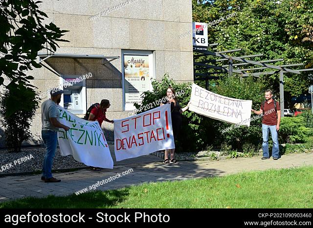 Representatives of environmental organizations protest on September 9, 2021, in Olomouc, Czech Republic, in front of a building where the first meeting of...