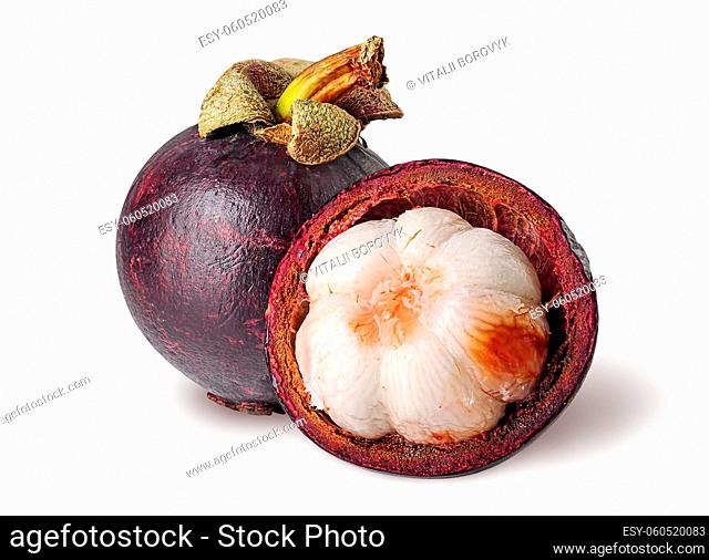 Whole and open mangosteen isolated on white background