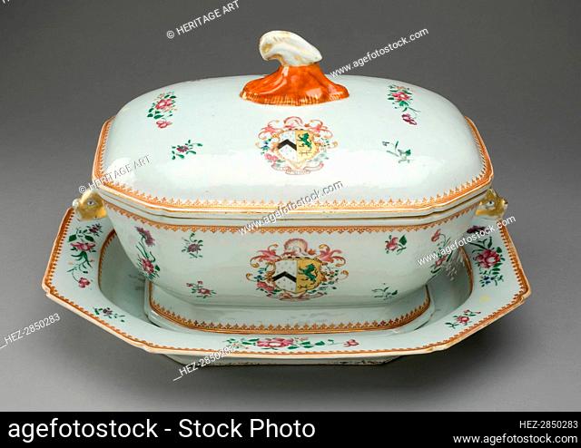 Covered Tureen and Stand with the Arms of French Impaling Sutton, China, c. 1765. Creator: Jingdezhen Porcelain