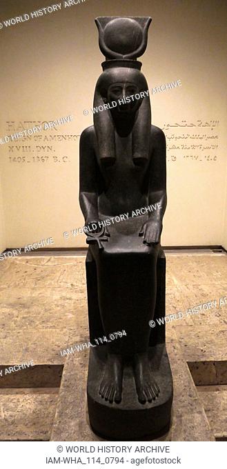 Seated statue of the Goddess Hathor; Reign of Amenhotep III circa 1367 BC; Goddess of love and joy and also of music and dance