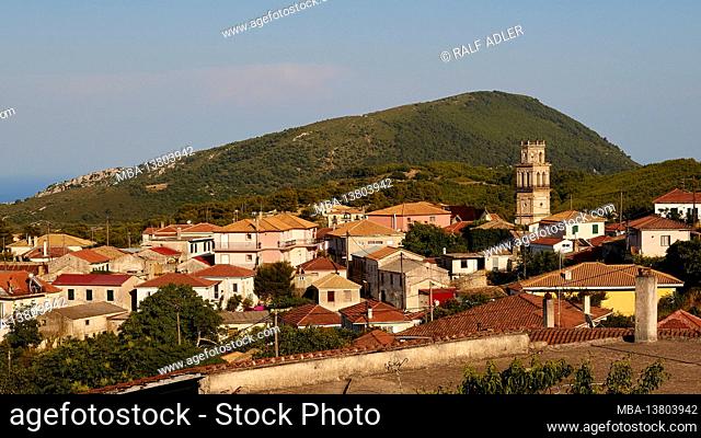 Ionian Islands, Zakynthos, village Kiliomenos, panorama view of the place, church tower central element, hills in the background