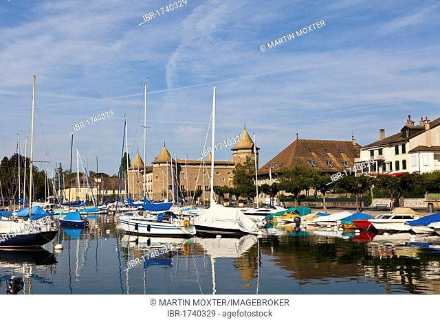 Morges harbour, Morges Castle at the back, canton of Vaud, Lake Geneva, Switzerland, Europe