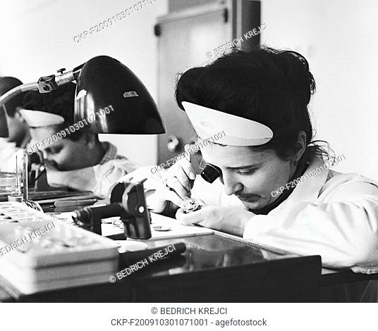 Manufacturing and production process displayed in Prim watch and clock factory Chronotechna in Nove Mesto nad Metuji, Czechoslovakia, March 12, 1965