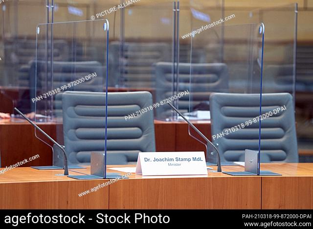 18 March 2021, North Rhine-Westphalia, Duesseldorf: The name badge of Joachim Stamp (FDP), Minister for Children, Family