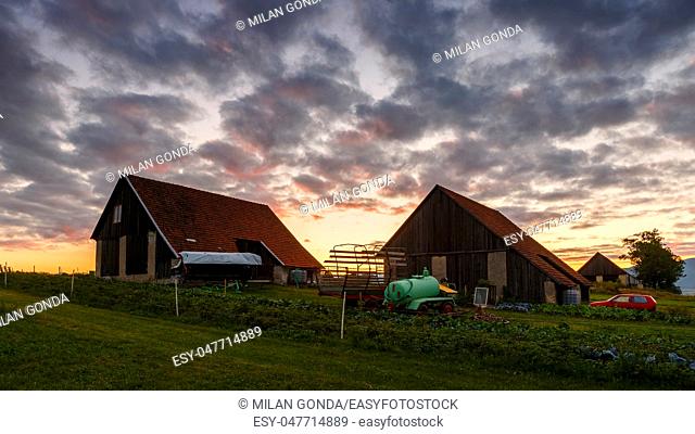 Traditional barns on the edge of a village in northern Slovakia.
