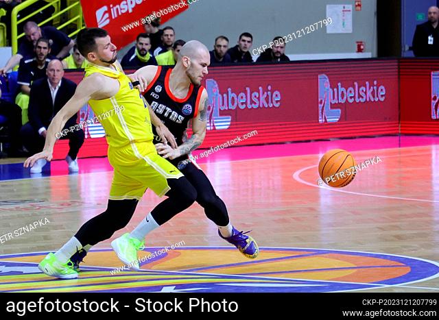 L-R Jakub Sirina (Opava) and Arnas Velicka (Vilnius) in action during men's Basketball Champions League, group B, 5th round, BK Opava vs Rytas Vilnius, in Opava