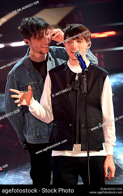 Italian duo Dellai performs on stage at the Ariston theater during the 71st Sanremo Italian Song Festival, in Sanremo, Italy, 03 March 2021