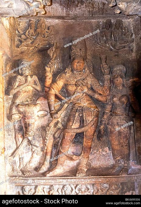 Siva with His consort Parvathi with Rishaba in cave 1, Badami, karnataka, South India, India, Asia