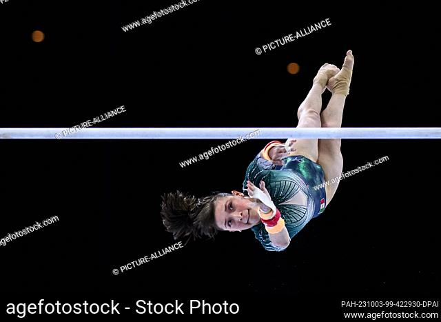 02 October 2023, Belgium, Antwerpen: Gymnastics: World Championship 2023, Women, Qualification, Sportpaleis. Paulina Campos from Mexico in action on uneven bars