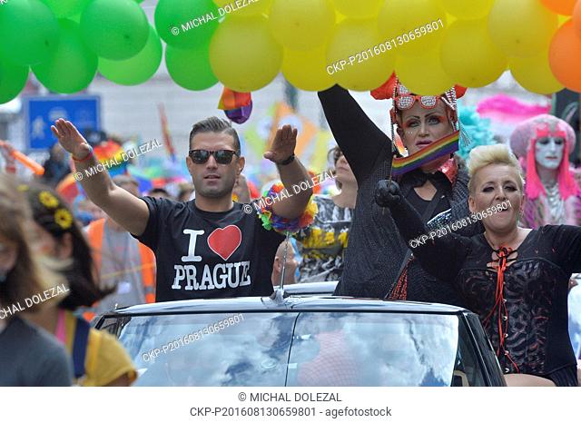 Omar Sharif Jr, left, grandson of the late famous Egyptian actor of the same name, the greatest star of Prague Pride march in Prague, Czech Republic, August 13