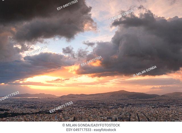 Evening view of Athens from Lycabettus hill, Greece