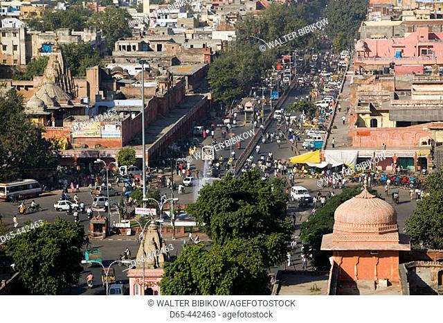 Chandpol Bazaar Traffic from Iswari Minar Swarga Sal (Heaven Piercing Minaret). Jaipur. Rajasthan. India