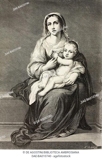 Mary with the Child Jesus, engraving from a painting by Bartolome Esteban Murillo (1617-1682), illustration from the magazine The Illustrated London News