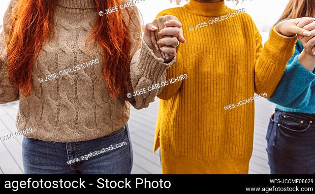 Protestors wearing warm clothing holding hands with each other