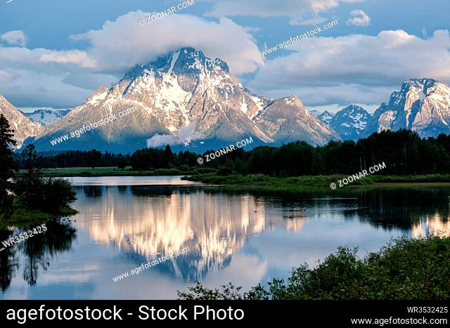 Grand Teton Mountains from Oxbow Bend on the Snake River at morning. Grand Teton National Park, Wyoming, USA
