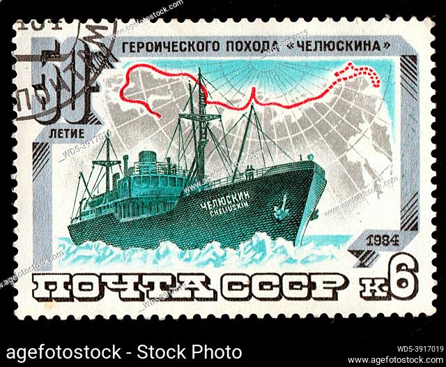 USSR - CIRCA 1984: USSR postage stamp dedicated to heroic campaign of motor ship Chelyuskin. Steamer Chelyuskin imaged on postage stamp