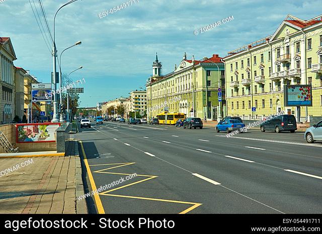 Minsk, Belarus.Independence Avenue, Summer season, sunset time, August 12, 2019