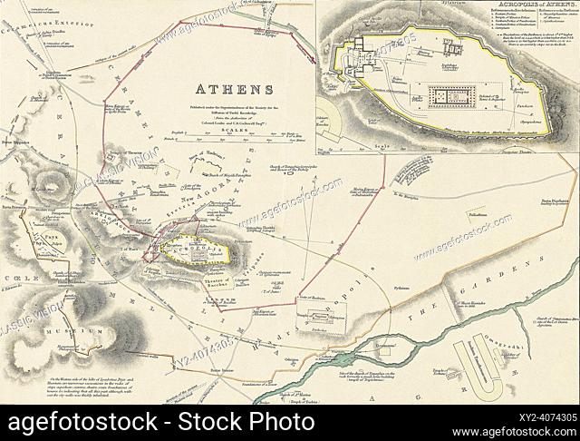 A map of ancient Athens, Greece, showing the location of ruins. From an engraving dated 1832 by J. Hershall after a drawing by William Barnard Clarke