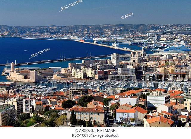 View on Marseille from Notre-dame-de-la-Garde, Vieux Port, Old Harbour, Marseille Europort, Port autonome de Marseille, Fort St Jean, Fort Saint Jean