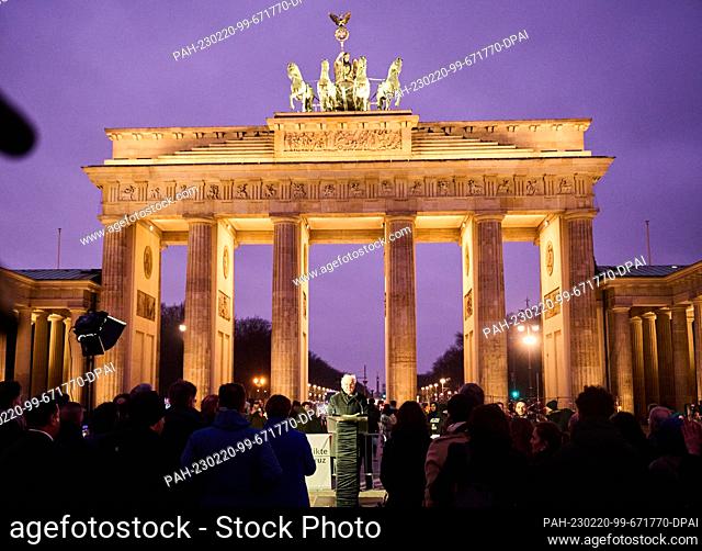 20 February 2023, Berlin: Frank-Walter Steinmeier, Federal President delivers a speech in front of the Brandenburg Gate to commemorate the victims of the...