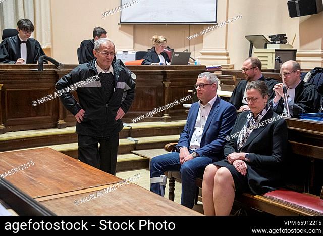 Former Neufchateau Mayor Dimitri Fourny (C) and other accused pictured during a session of the correction court, with the examination on the merits of the case...