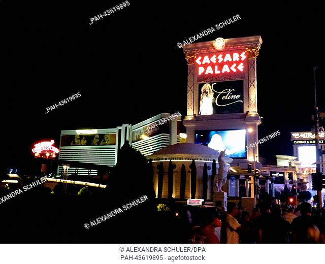 The lettering of the Ceasars Palace Hotel and Casino and The Mirage hotel and Casino (background-L) at Las Vegas Boulevard, also known as Las Vegas Strip