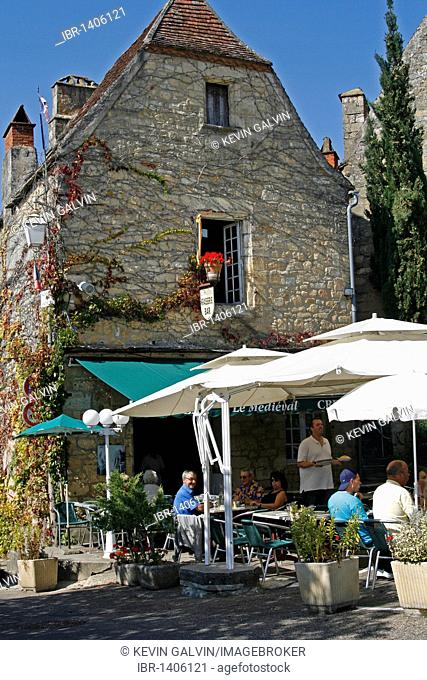Medieval cafe, Domme fortress, Dordogne, Aquitaine, France, Europe