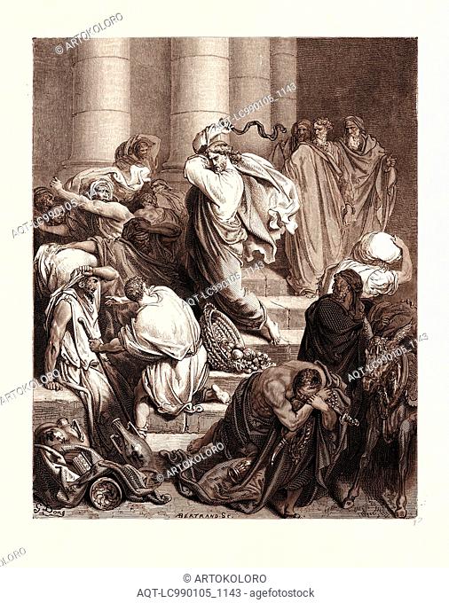 THE BUYERS AND SELLERS DRIVEN OUT OF THE TEMPLE, BY GUSTAVE DORE, 1832 - 1883, French. Engraving for the Bible. 1870, Art, Artist, holy book, religion