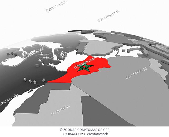 Morocco on gray political globe with embedded flag. 3D illustration