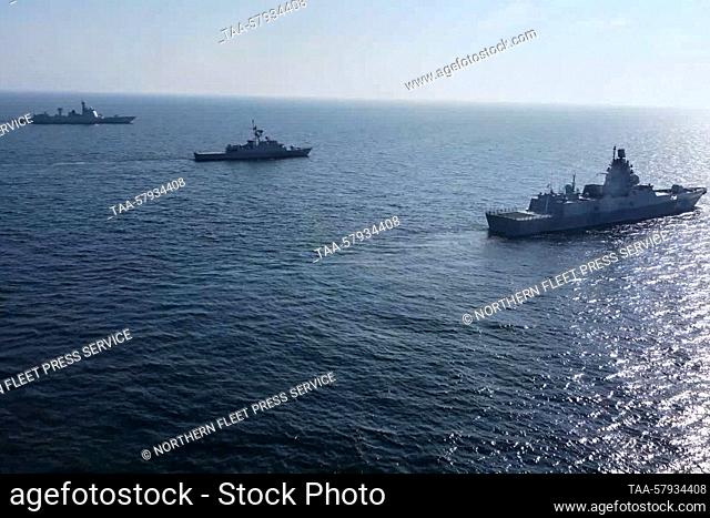 MARCH 18, 2023: Seen in this video screen grab are ships during a joint naval drill in the Gulf of Oman. Naval forces of China, Russia