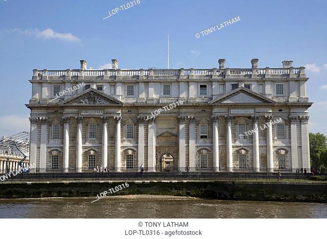 England, London, Greenwich, A view across the River Thames of a traditional navel building in Greenwich