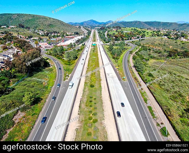 Aerial view of highway, freeway road with vehicle in movement. California, USA