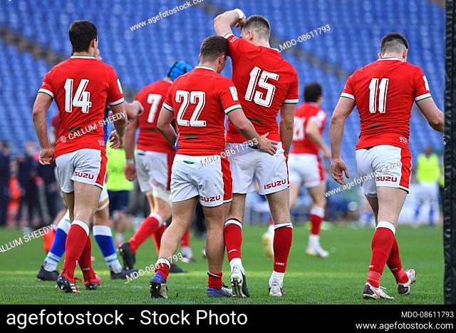 The Wales player Callum Sheedy celebrating after the score during the Italy-Wales match of the Six Nations tournament at the stadio Olimpico