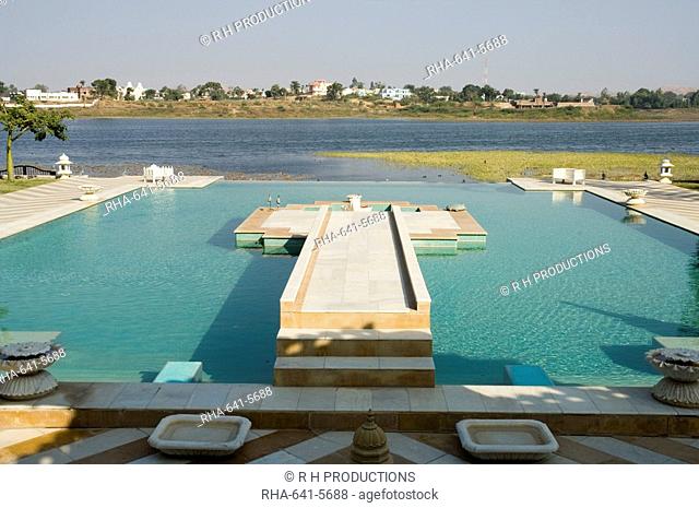 View of swimming pool at Udai Vilas Palace now a heritage hotel, Dungarpur, Rajasthan state, India, Asia