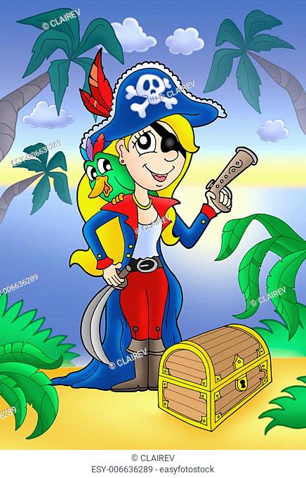 Blond pirate woman with treasure chest - color illustration