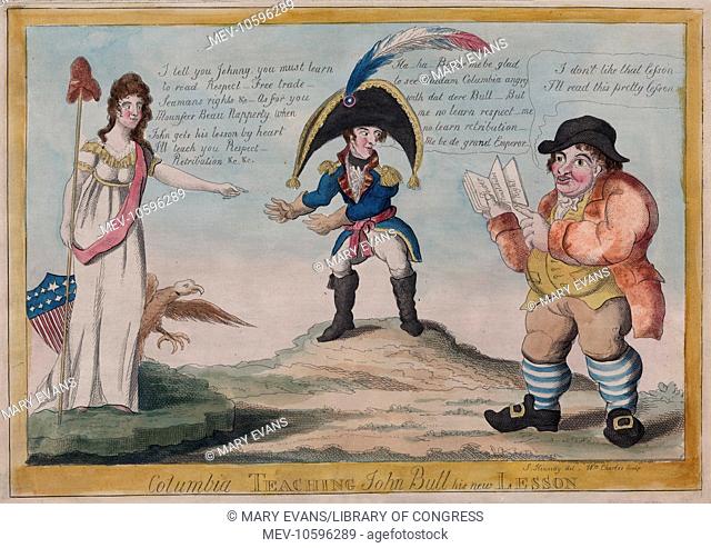 Columbia teaching John Bull his new lesson. A War of 1812 satire on Anglo-American and Franco-American relations. England's lesson is about the seriousness of...