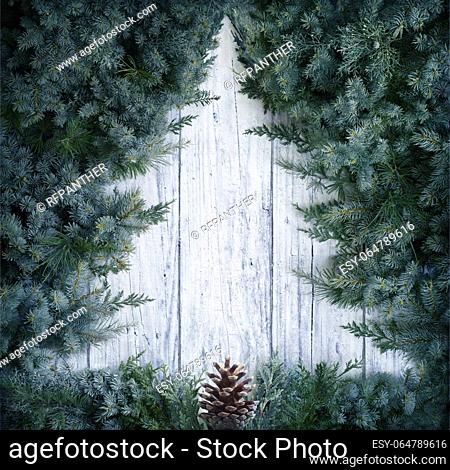 Christmas Concept - Tree Minimal Shape - Fir Branches On Wooden Snowy Background