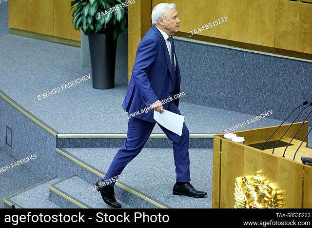 RUSSIA, MOSCOW - APRIL 20, 2023: Anatoly Aksakov, chairman of the Russian State Duma's Financial Market Committee, attends a plenary meeting of the Russian...