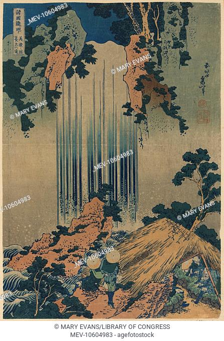 Yoro waterfall in Mino. Print shows two pilgrims looking at waterfall while other pilgrims rest in nearby shelter. Date 1832 or 1833, printed later