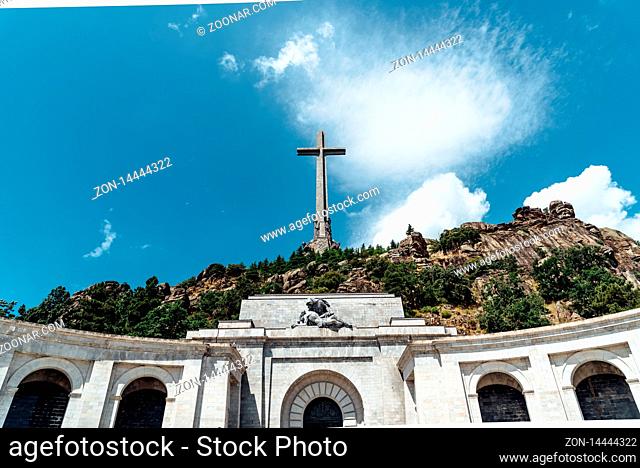San Lorenzo de El Escorial, Spain - July 7, 2018: View of Valle de los Caidos or Valley of the Fallen. It was erected in the Mountain Range of Guadarrama