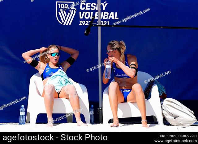 Michaela Kubickova nr. 1 and Michaala Kvapilova nr. 2 of Czech Republic in action during the Ostrava Beach Open 2021 tournament