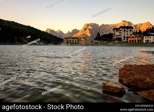 Wonderful sunny landscape. Misurina Lake or Lago di Misurina Italy. National Park Tre Cime di Lavaredo, Location Auronzo, Dolomiti Alps, South Tyrol, Italy