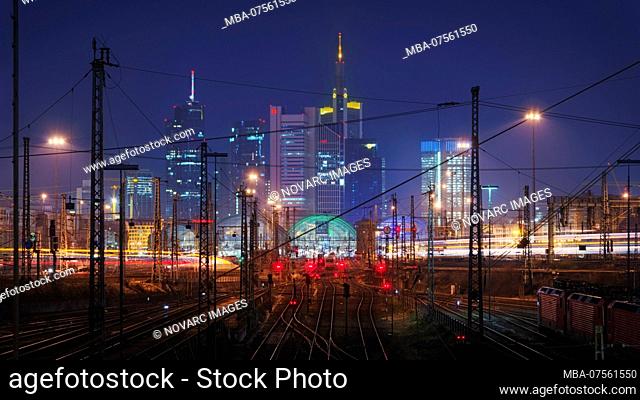 Frankfurt am Main skyline and main railway station to midnight, Hesse, Germany