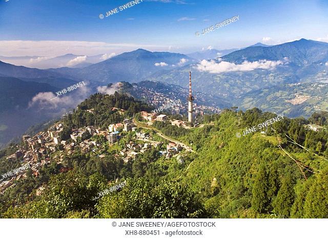 India, Sikkim, Gangtok, View of city and Telecommunications tower from Ganesh Tok viewpoint