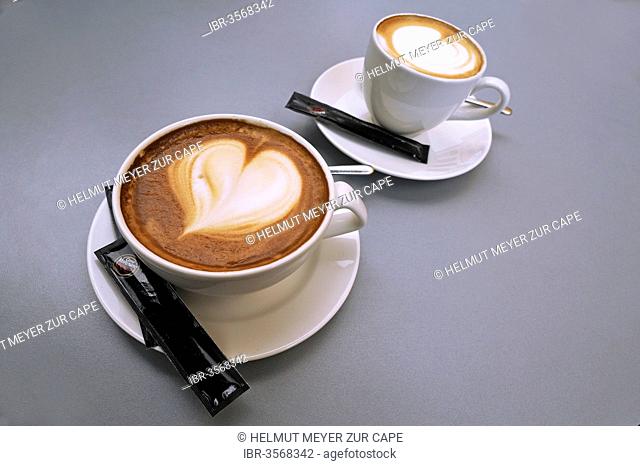A large cup and a small cup of cappuccino with a heart shape in the milk foam