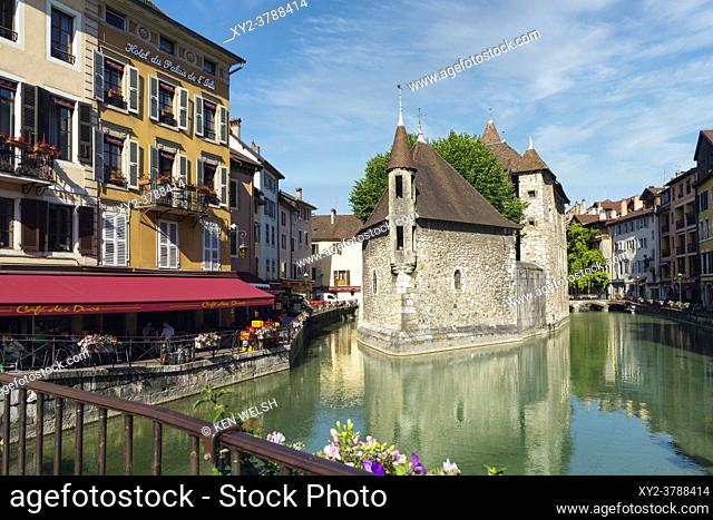 Annecy, Haute-Savoie department, Rhone-Alpes, France. Palais de l'Isle in the middle of the Thiou river